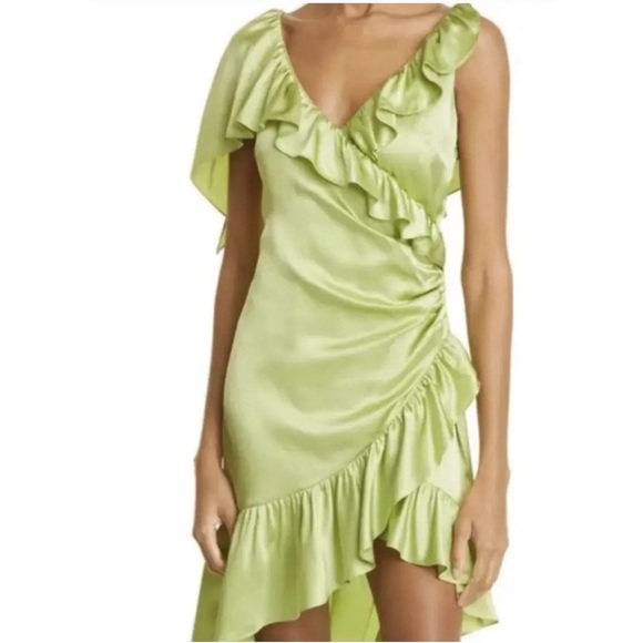 Cinq á Sept Silk Dress Green V-Neck Wrap Midi Asymmetrical Hem Size 8 NWT $545 - Picture 13 of 13